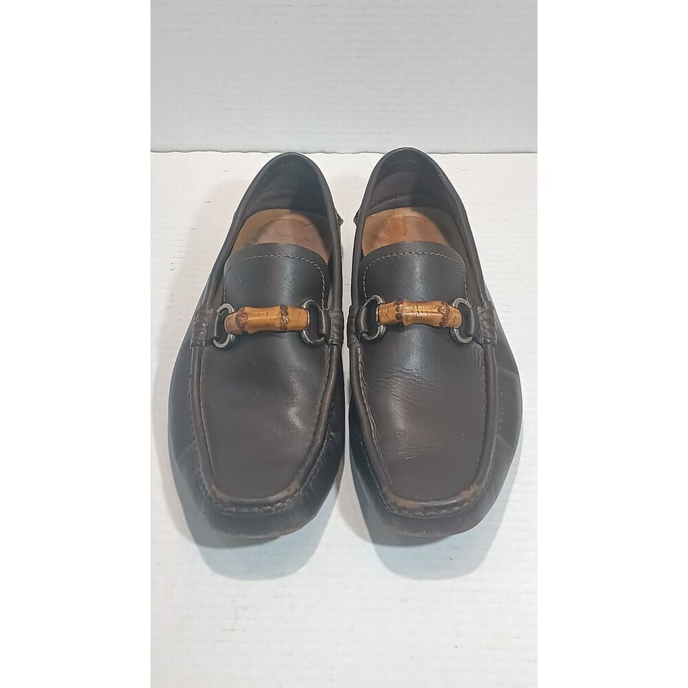 Men's 8.5 🔥 GUCCI Chocolate Brown Leather Driving Loafers Bamboo Horsebit Shoes - Picture 3 of 14
